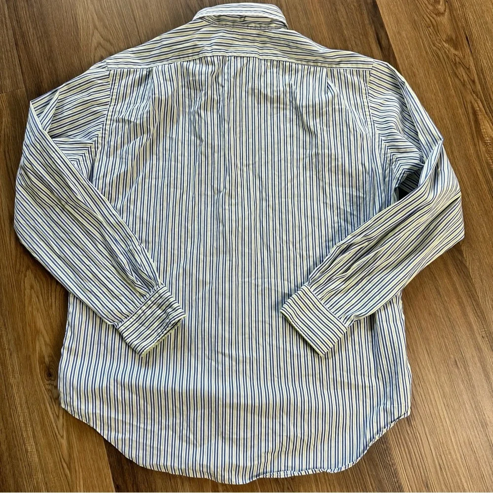 Polo Ralph Lauren Button Shirt Large Blue Striped Green Pony Long Sleeve Classic